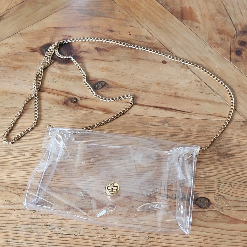 Clear PVC With Gold Chain Strap Crossbody Purse Stadium Concerts Approved 8.5"